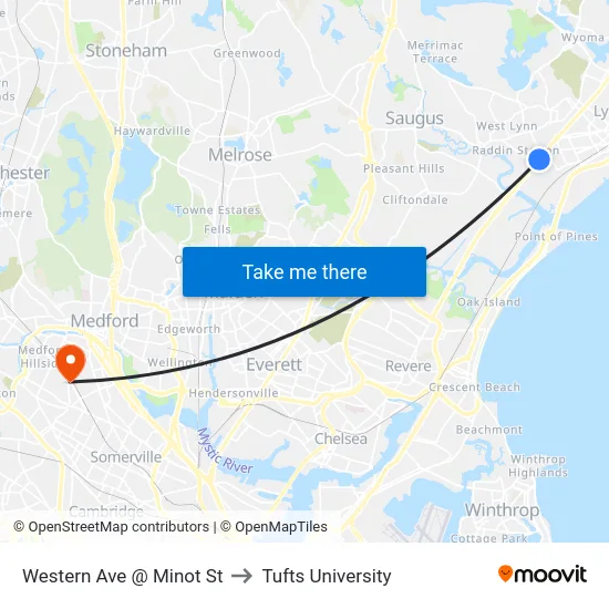 Western Ave @ Minot St to Tufts University map
