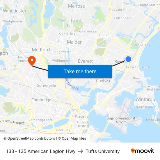133 - 135 American Legion Hwy to Tufts University map