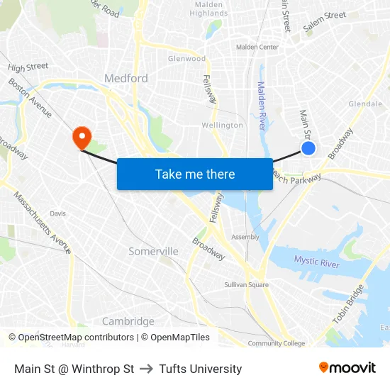 Main St @ Winthrop St to Tufts University map