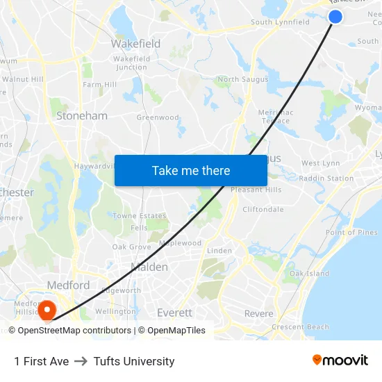 1 First Ave to Tufts University map