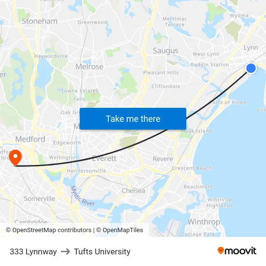 333 Lynnway to Tufts University map