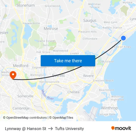 Lynnway @ Hanson St to Tufts University map