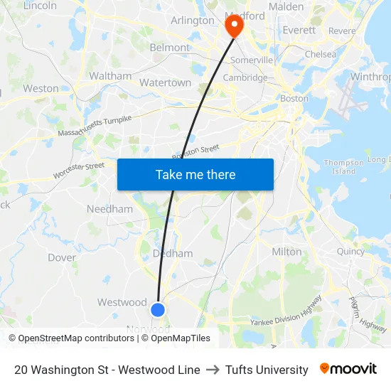 20 Washington St - Westwood Line to Tufts University map