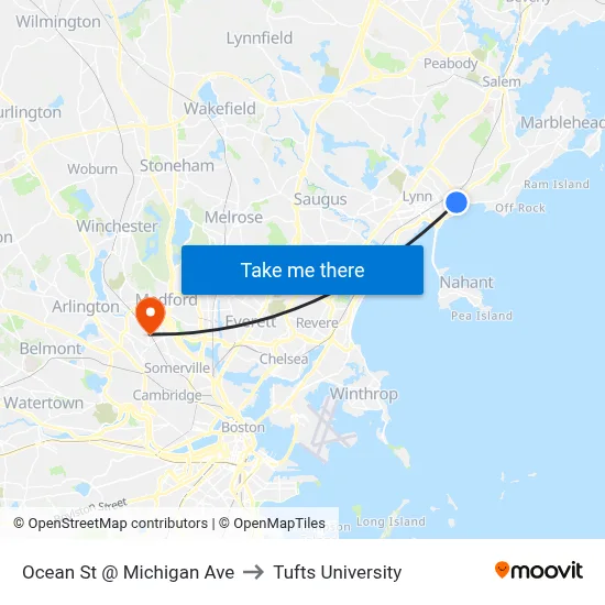 Ocean St @ Michigan Ave to Tufts University map