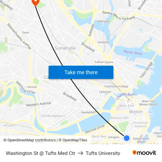 Washington St @ Tufts Med Ctr to Tufts University map