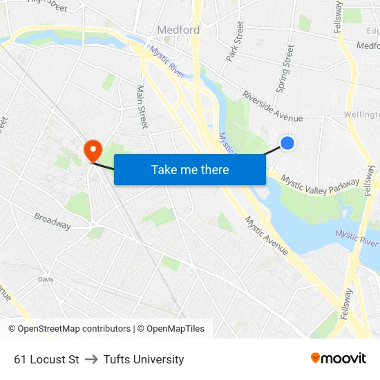 61 Locust St to Tufts University map