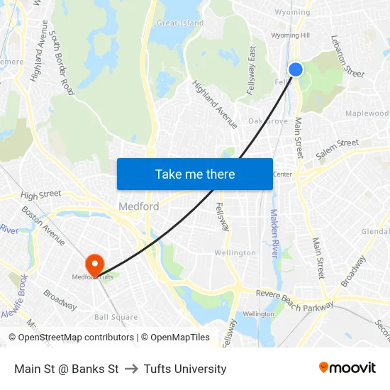 Main St @ Banks St to Tufts University map