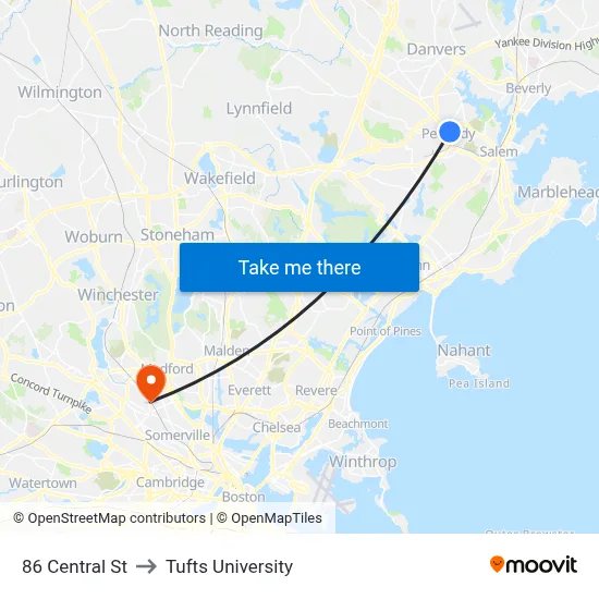 86 Central St to Tufts University map