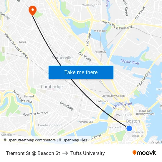 Tremont St @ Beacon St to Tufts University map