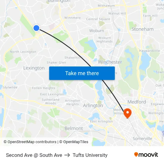 Second Ave @ South Ave to Tufts University map