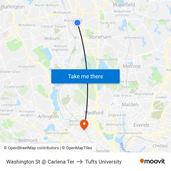 Washington St @ Carlena Ter to Tufts University map