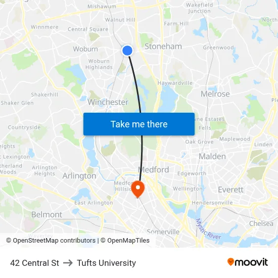 42 Central St to Tufts University map