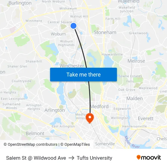 Salem St @ Wildwood Ave to Tufts University map