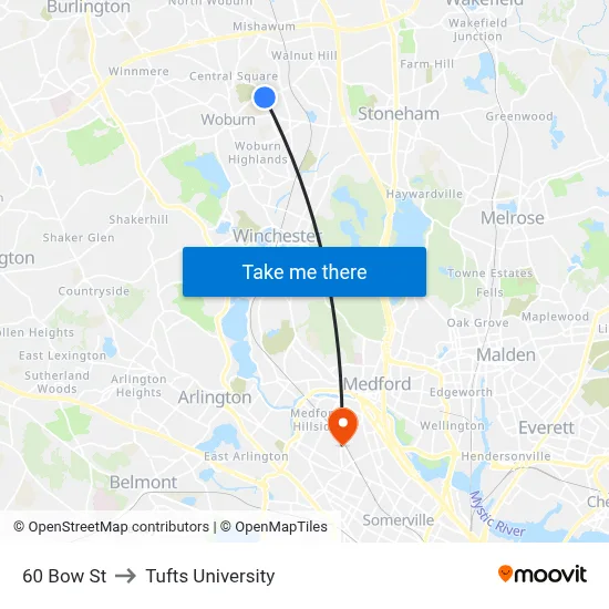 60 Bow St to Tufts University map