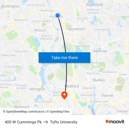 400 W Cummings Pk to Tufts University map