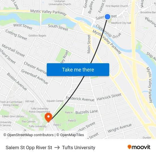 Salem St Opp River St to Tufts University map