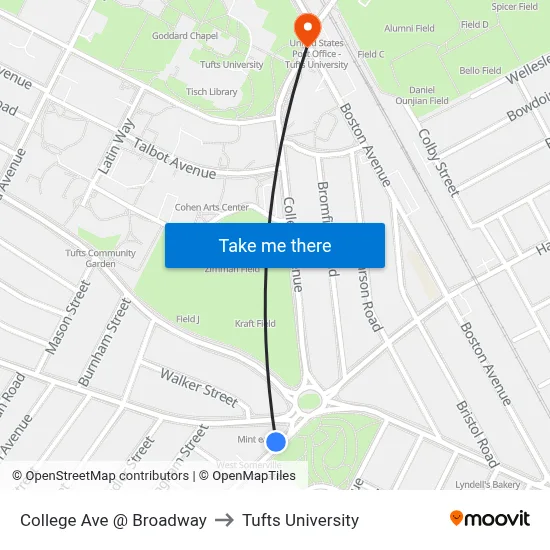 College Ave @ Broadway to Tufts University map