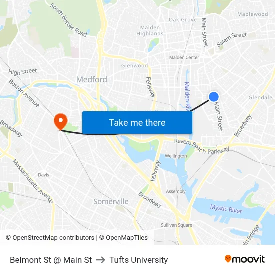 Belmont St @ Main St to Tufts University map