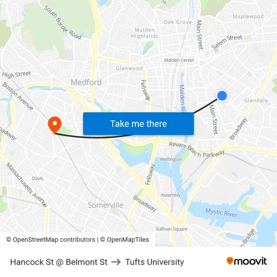 Hancock St @ Belmont St to Tufts University map