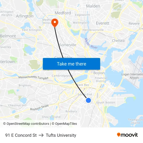 91 E Concord St to Tufts University map