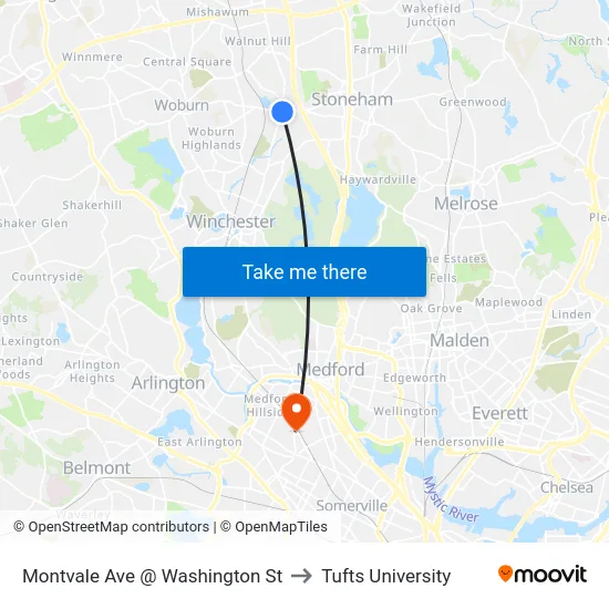 Montvale Ave @ Washington St to Tufts University map