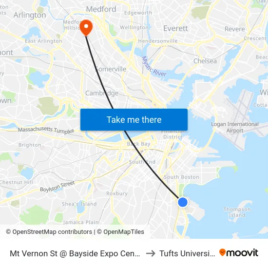 Mt Vernon St @ Bayside Expo Center to Tufts University map