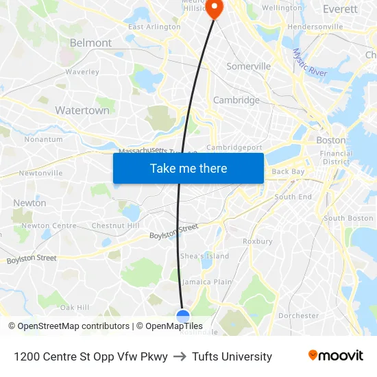 1200 Centre St Opp Vfw Pkwy to Tufts University map