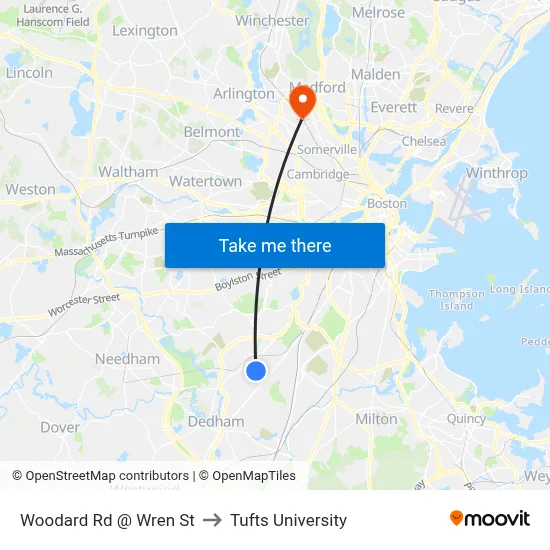 Woodard Rd @ Wren St to Tufts University map