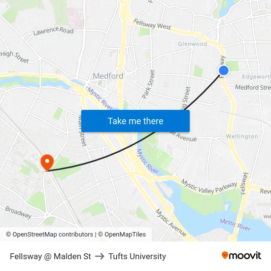 Fellsway @ Malden St to Tufts University map