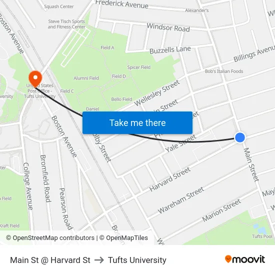 Main St @ Harvard St to Tufts University map