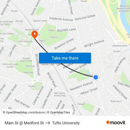 Main St @ Medford St to Tufts University map
