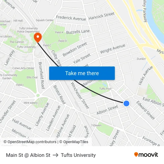 Main St @ Albion St to Tufts University map