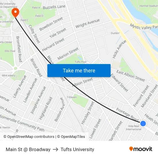 Main St @ Broadway to Tufts University map