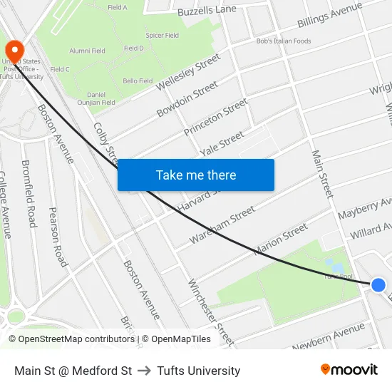 Main St @ Medford St to Tufts University map
