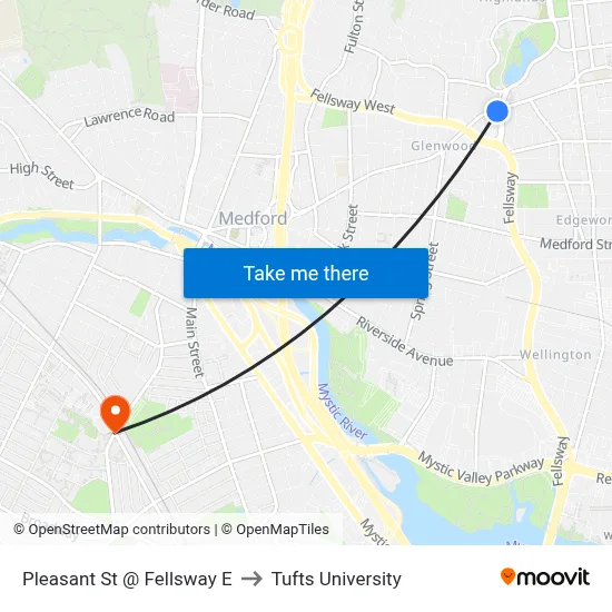 Pleasant St @ Fellsway E to Tufts University map