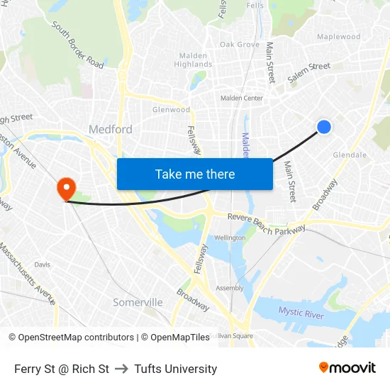 Ferry St @ Rich St to Tufts University map