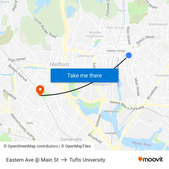 Eastern Ave @ Main St to Tufts University map