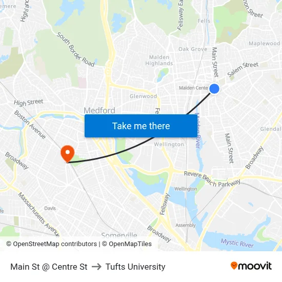 Main St @ Centre St to Tufts University map
