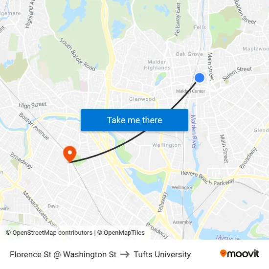Florence St @ Washington St to Tufts University map