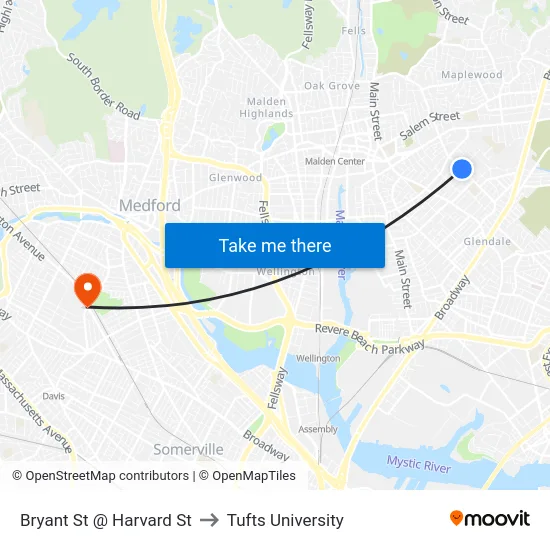 Bryant St @ Harvard St to Tufts University map
