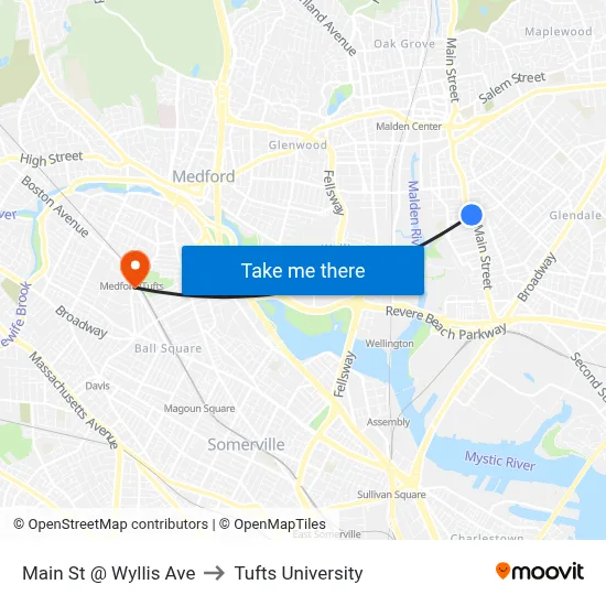 Main St @ Wyllis Ave to Tufts University map
