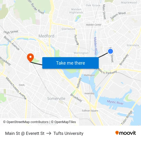 Main St @ Everett St to Tufts University map