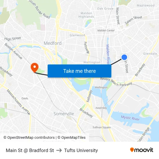 Main St @ Bradford St to Tufts University map