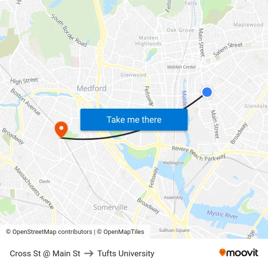 Cross St @ Main St to Tufts University map