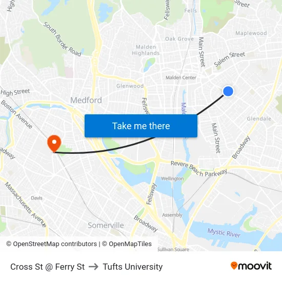 Cross St @ Ferry St to Tufts University map