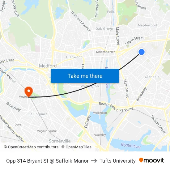 Opp 314 Bryant St @ Suffolk Manor to Tufts University map