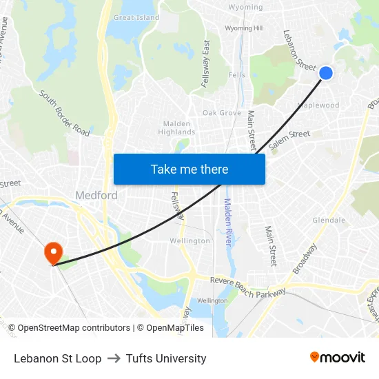 Lebanon St Loop to Tufts University map
