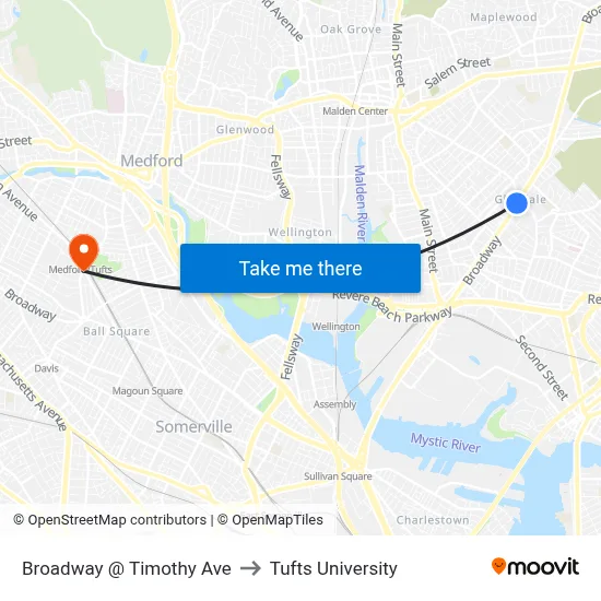 Broadway @ Timothy Ave to Tufts University map