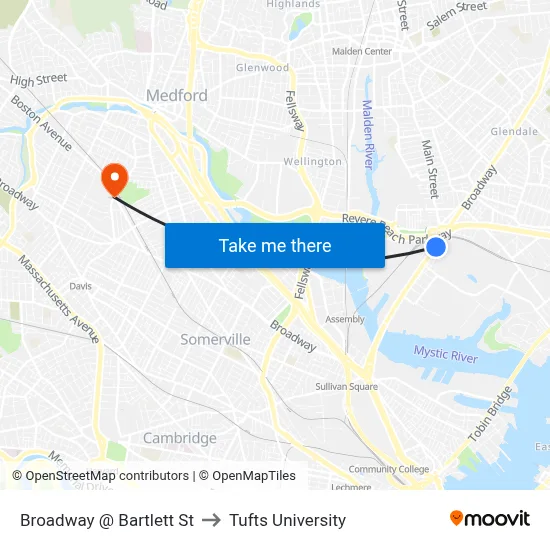Broadway @ Bartlett St to Tufts University map