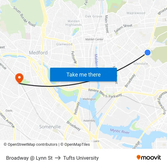 Broadway @ Lynn St to Tufts University map